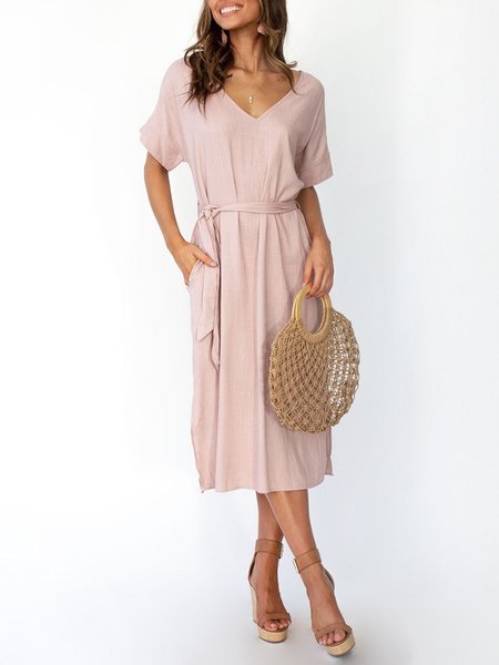 

Holiday V Neck Polyester Cotton Dress, Pink, Mini Dresses