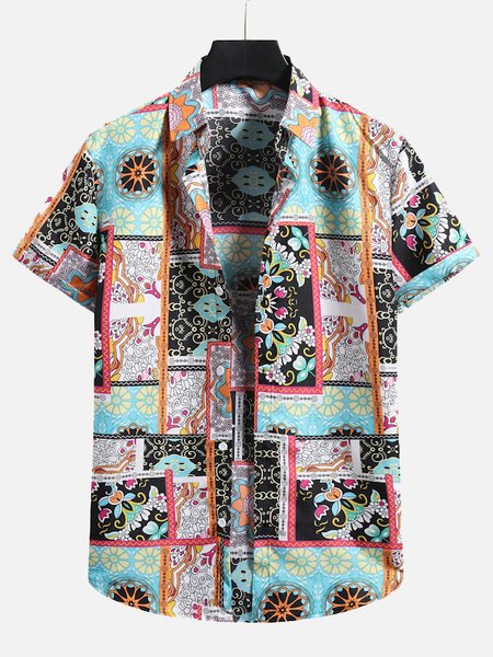 

Square Neck Abstract Shirts, As picture, Men's Floral shirt