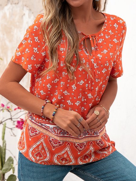 

V Neck Paisley Shift Casual Tops, As picture, T-Shirts