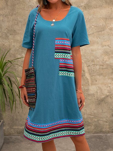 

Casual Shift Crew Neck Tribal Women Dress, Blue, Designers