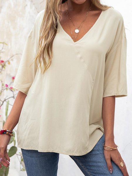 

V Neck Casual Basic Shift Short Sleeve Tops, Light brown, Blouses & Shirts