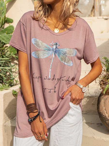 

Butterfly V Neck Casual T-shirt, Pink grey, T-Shirts