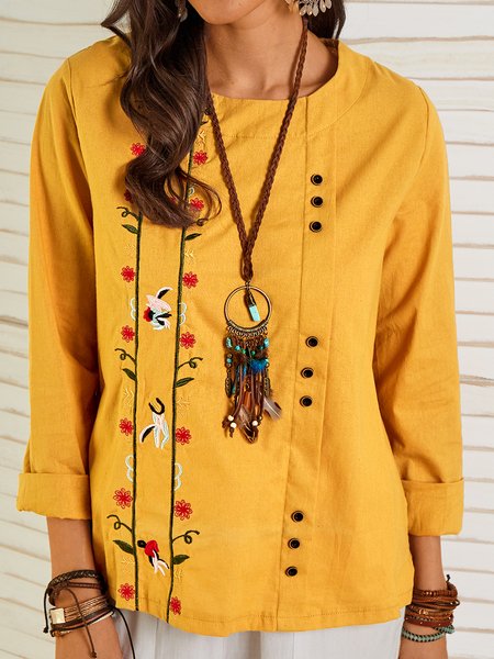 

Maniche Lunghe Floreale Cotone Top, Giallo, Sweater