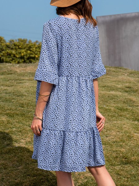 

V Neck Swing Short Sleeve Dress, Blue, Midi Dresses