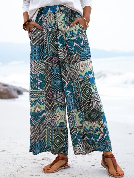 

Casual Geometric Cotton Pants, Green, Pants