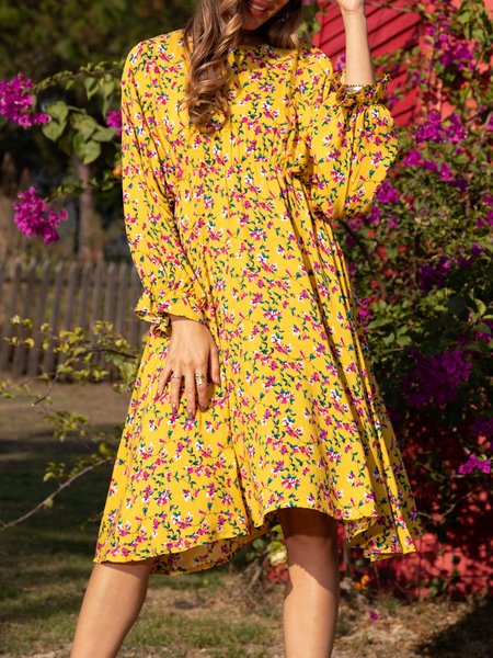 

Yellow Casual Floral Dress, Midi Dresses