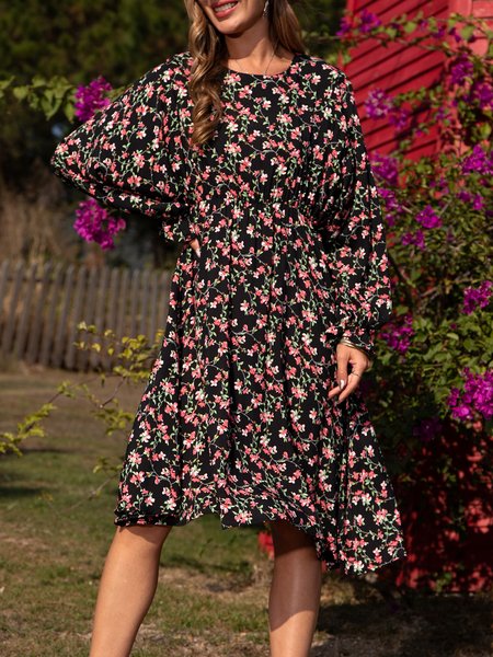 

Black Sweet Floral Cotton Dress, Midi Dresses