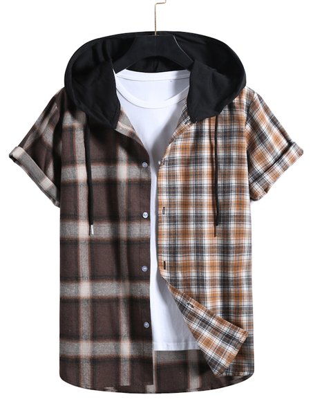 

Cotton-Blend Hoodie Plaid Shirts & Tops, Brown, Short Sleeves Shirts