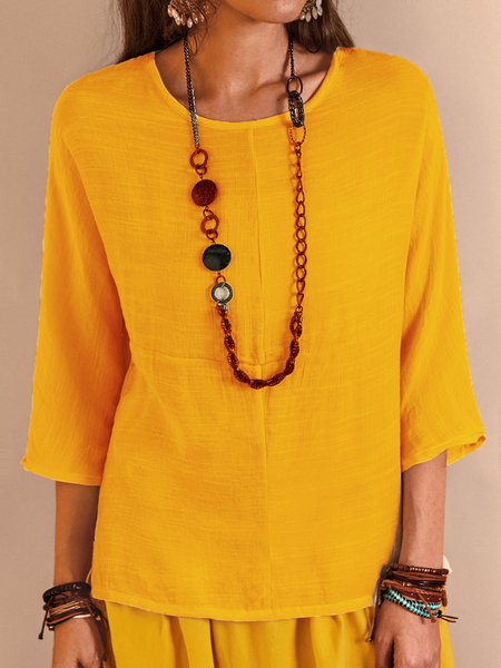 

3/4 Manica Lino Top, Giallo, Blouses & Shirts