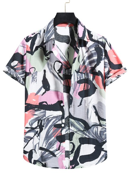 

Abstract Cotton-Blend Square Neck Shirts & Tops, As picture, Short Sleeves Shirts