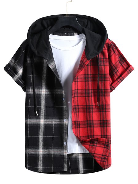 

Hoodie Plaid Cotton-Blend Shirts & Tops, Red, Short Sleeves Shirts