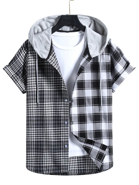

Hoodie Plaid Cotton-Blend Shirts & Tops, Black-white, Shirts