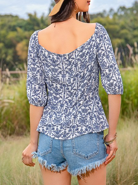 

Floral Sexy Square Neck Half Sleeve Top, Blue, Tops