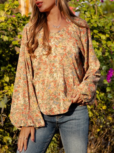 

Coffee Casual Floral Crew Neck Cotton-Blend Shirts & Tops, Tops