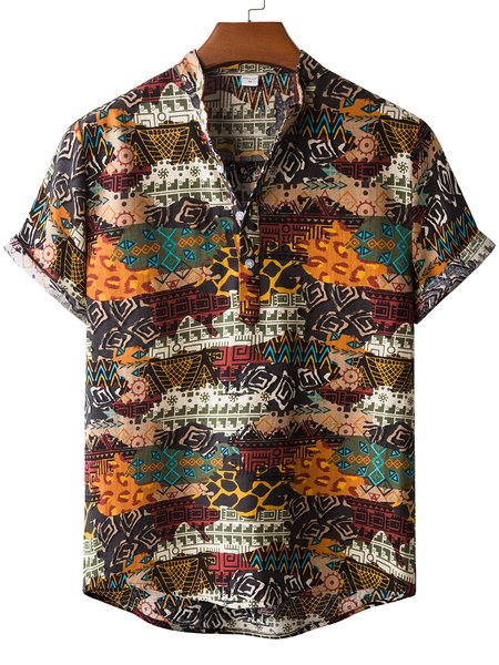 

Men's Polka Dots Tribal Printed Shirt Collar Linen Shirts, Red, Short Sleeves Shirts