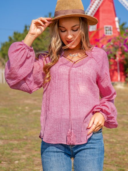 

Boho V Neck Plain Long Sleeve Casual Top, Red, Blouses and Shirts