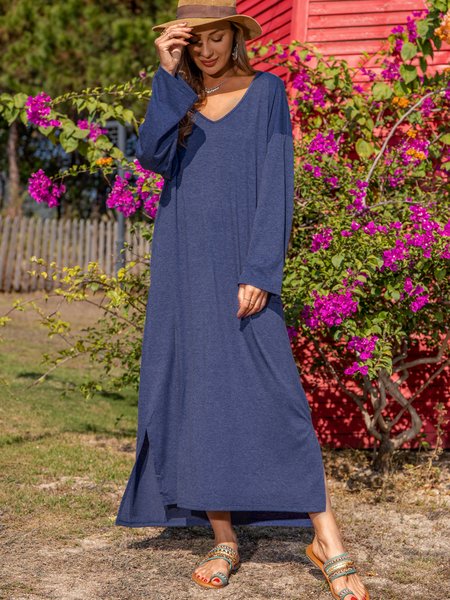 

Blue Cotton-Blend Shift Long Sleeve Dress, Midi Dresses