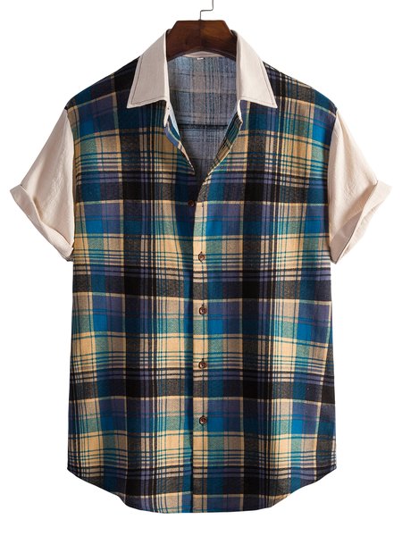 

Men's Printed Shirt Collar Linen Shirts, Blue, Blouses&Shirts