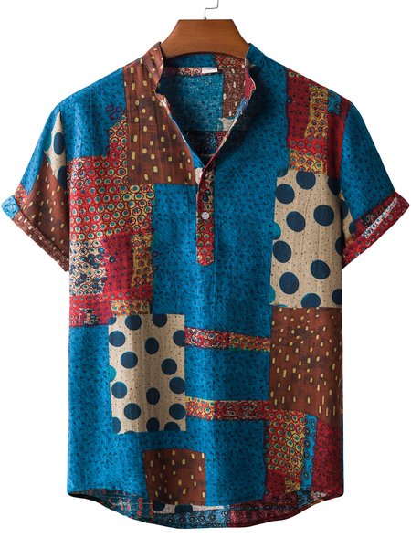 

Men's Tribal Colorblock Linen Printed Shirts, Blue, Men's Floral shirt