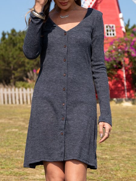 

Long Sleeve V Neck Plain Casual Dress, Blue, Midi Dresses