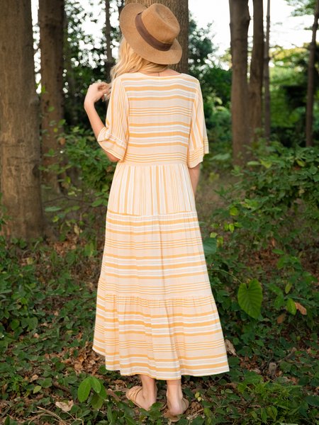 

Yellow Striped Short Sleeve Dress, Midi Dresses