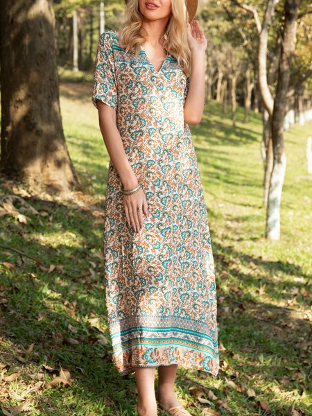 

Abito con Scollo a V Floreale Bohemian Dritto, Blu, Dresses