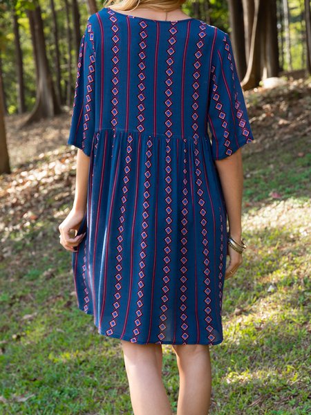

Blue V Neck Half Sleeve Dress, Midi Dresses