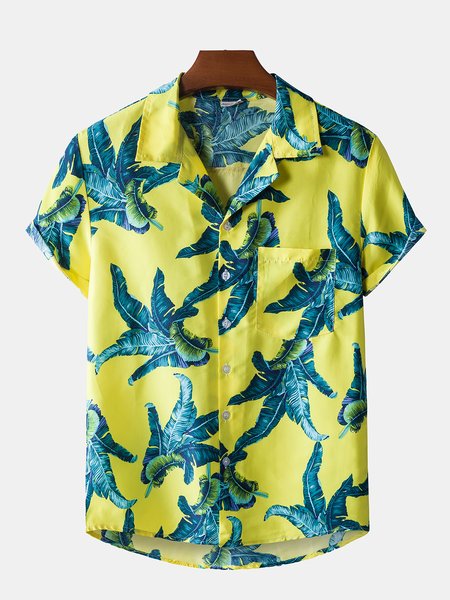 

Men's Shirt Collar Basic Printed Shirts, Yellow, Short Sleeves Shirts