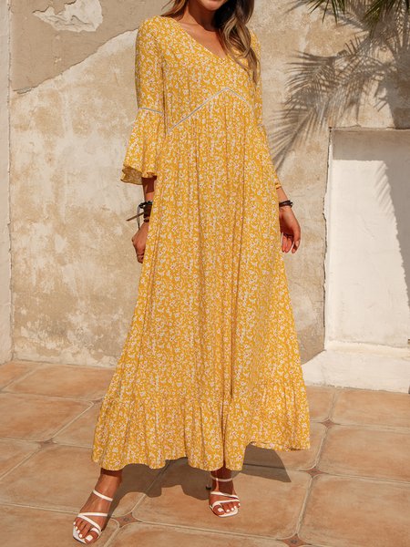 

Holiday V Neck 3/4 Sleeve Weaving Dress, Yellow, Dresses