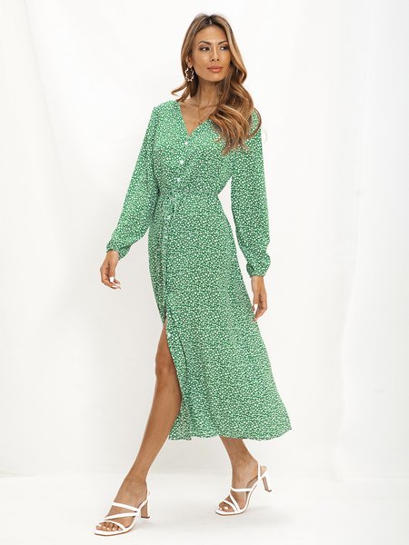 

Green Floral V-neck Button Wrap Midi Dress, Dresses