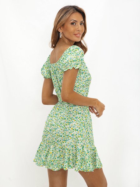 

Green A-Line V Neck Holiday Floral Dress, Dresses