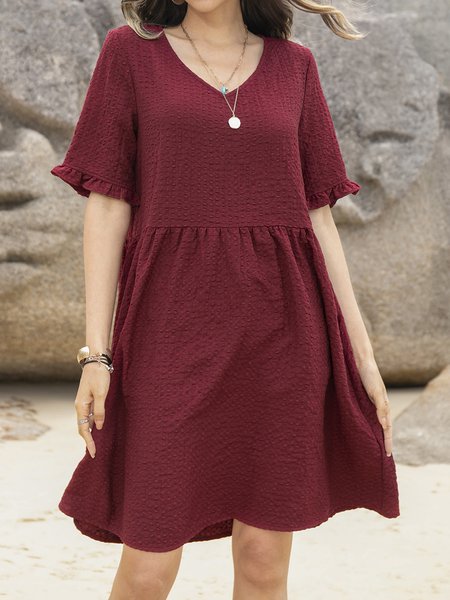

V Neck Short Sleeve Casual Cotton-Blend Weaving Dress, Red, Mini Dresses