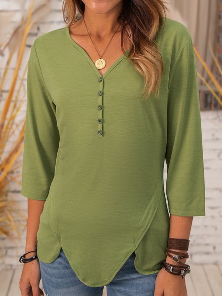 

V Neck Folds Cotton 3/4 Sleeve Shirts & Tops, Green, Blouses & Shirts