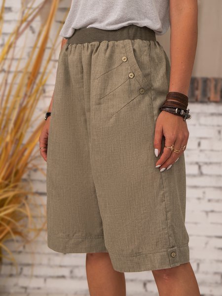 

Women Casual Vintage Buttoned Pockets Khaki Summer Linen Shorts, Coffee, Shorts