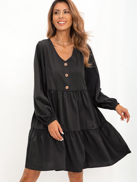

Black Cotton-Blend Long Sleeve A-Line Dresses, Mini Dresses