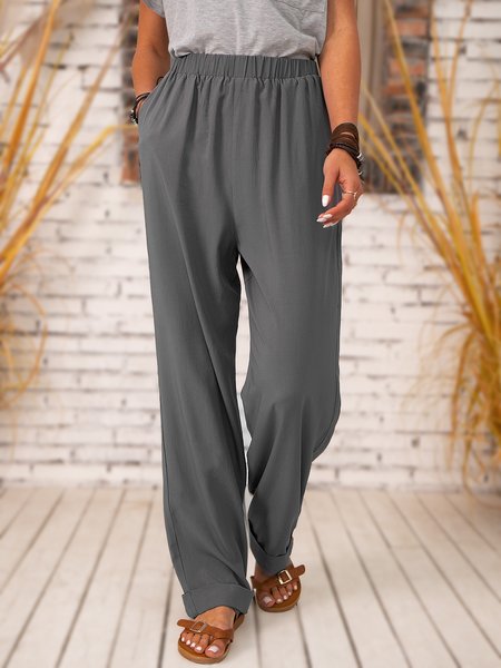 

Pockets Plain Cotton Pants, Deep gray, Pants