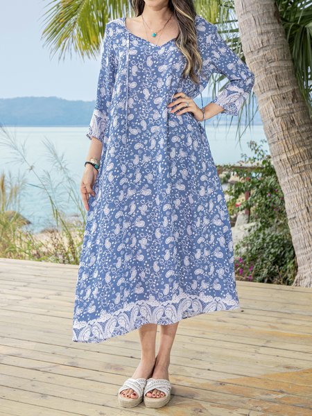 

Maxi Abito Dritto con Scollo a V Tribale Bohemian, Blu, Dresses