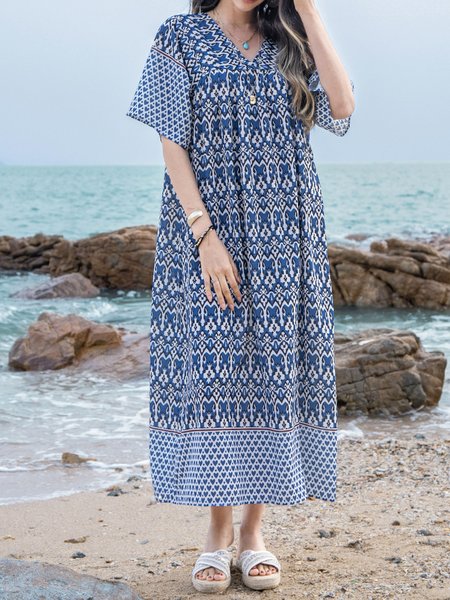 

Boho V Neck Boho Knitting Dress, Blue, Boho dresses