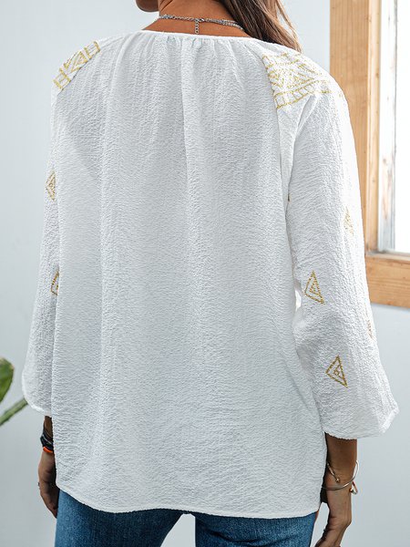 

V Neck Polyester Cotton 3/4 Sleeve T-shirt, White, Blouses & Shirts
