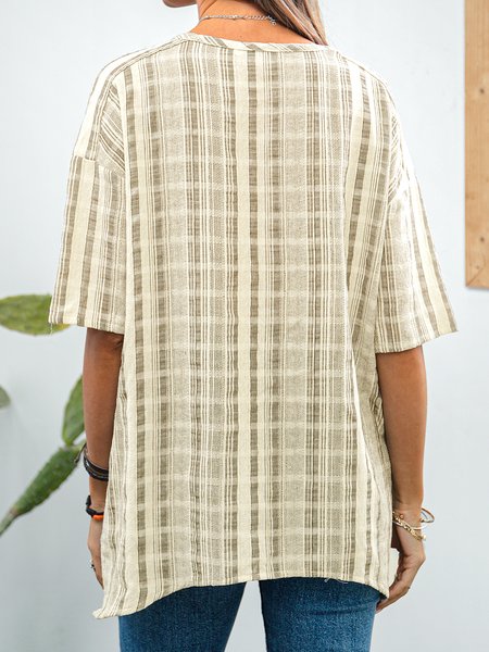 

Short Sleeve Checkered/plaid Casual Cotton T-shirt, Gray, Blouses & Shirts
