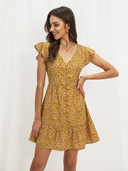 

Polyester Fibre A-Line Short Sleeve Weaving Dress, Yellow, Mini Dresses