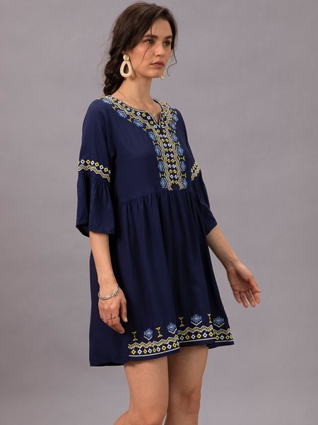 

Deep Blue Boho Tribal V Neck Dress, Mini Dresses