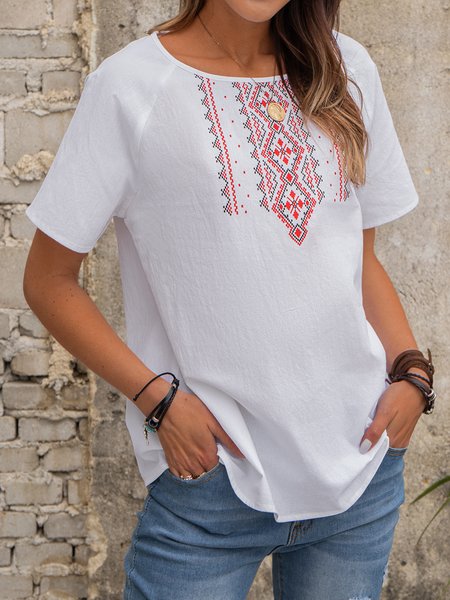 

Vintage Boho Casual Cotton Crew Neck Short Sleeve Shirts & Tops, White, T-Shirts