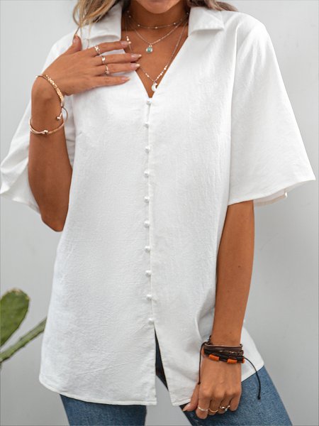 

Short Sleeve V Neck Shift Casual Blouse, White, Blouses & Shirts