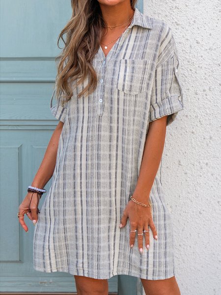 

Shirt Collar Cotton Lady Shift Women Dress, Blue, Designers