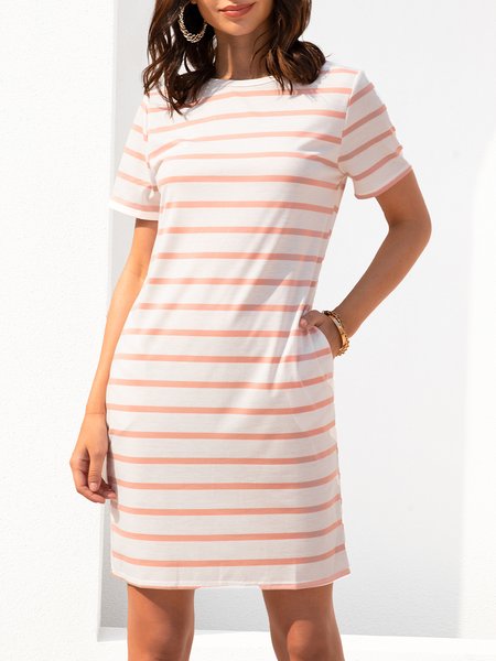 

Crew Neck Cotton Short Sleeve Shift Knitting Dress, As picture, Dresses