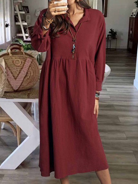 

Nuovo Donna Chic taglia grande Vintage Vacanza Confortevole Maniche Lunghe Bohemian A-line Scollo a V Abito, Vino rosso, Dresses