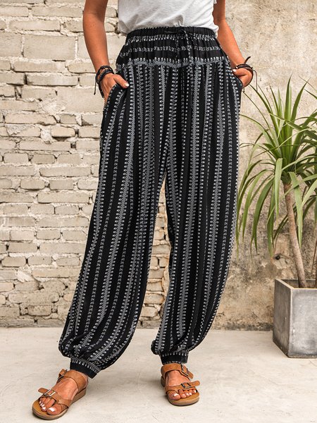 

Casual Striped Paneled Pants, Black, Pants