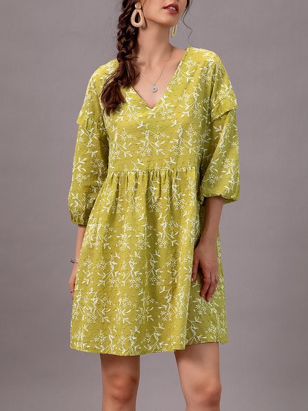 

Green Floral 3/4 Sleeve A-Line Dress, Midi Dresses