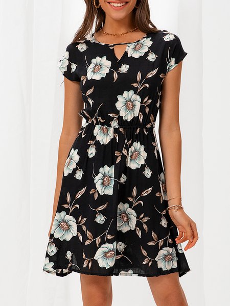 

V Neck Short Sleeve Floral A-Line Weaving Dress, Black bottom white flower, Dresses